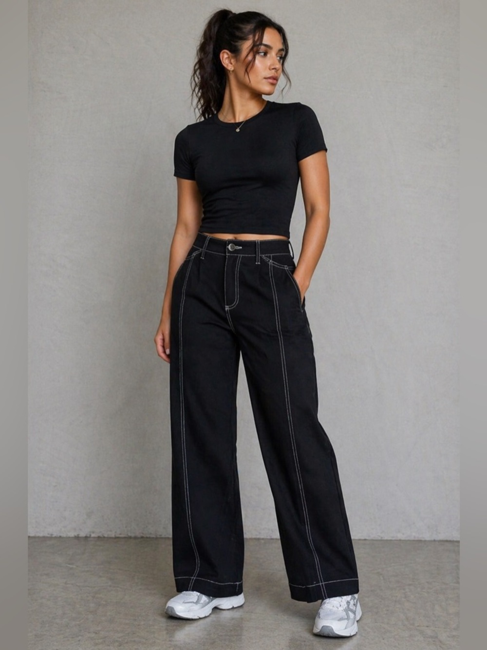 Rachel Zoe Black Wide-Leg Pants with White Stitching